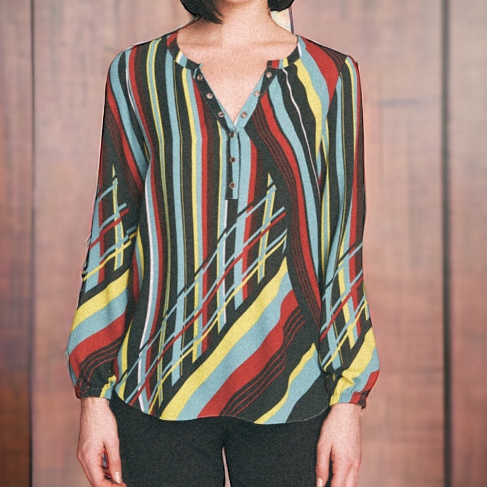 Chaus New York Long Sleeve
Multicolor Striped V-Neck Shirt